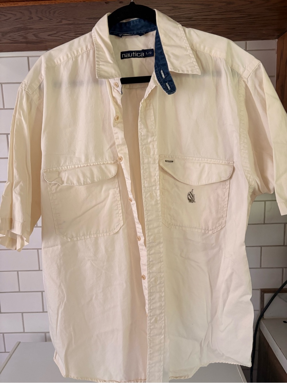 Nautica Men’s Short Sleeve Button-Down Shirt in Cream with Navy Trim